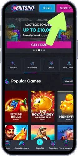 Britsino casino homepage with Sign Up button highlighted