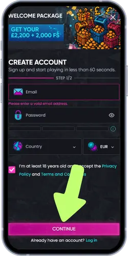 Britsino casino create account form step 1 with email and password fields