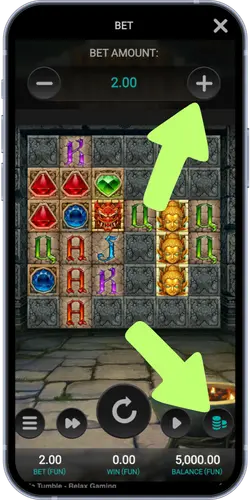 Temple Tumble Megaways bet settings screen with 2.00 amount selected