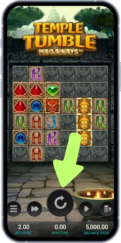 Temple Tumble Megaways slot mobile game screen with spin button highlighted